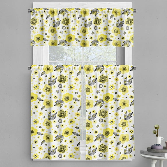 Ambesonne Floral Valance & Curtain, Linear Style Circles Flowers, 55"x24", Pale Yellow Charcoal Grey