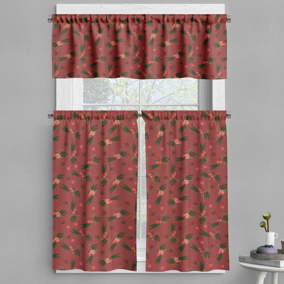 Ambesonne Floral Valance & Curtain, Minimalist Retro Flowers Art, 55"x36", Pale Maroon and Evergreen