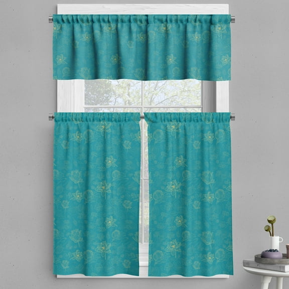 Ambesonne Floral Valance & Curtain, Outline Lotus Flowers Damask, 55"x24", Turquoise and Avocado Green