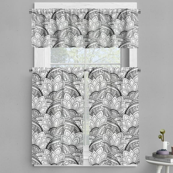 Ambesonne Floral Valance & Curtain, Paisley Petals, 55"x24", Black and White