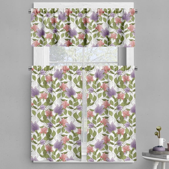 Ambesonne Floral Valance & Curtain, Pastel Tulip Flowers, 55"x30", Olive Green Coral