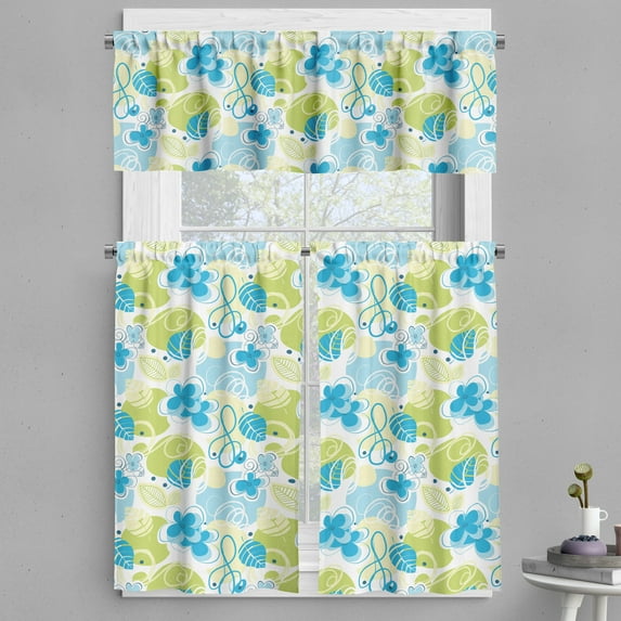 Ambesonne Floral Valance & Curtain, Pastel Whimsical Doodle, 55"x30", Blue Green White