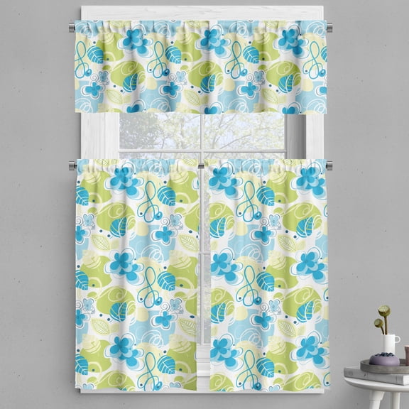 Ambesonne Floral Valance & Curtain, Pastel Whimsical Doodle, 55"x36", Blue Green White