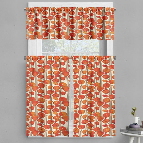 Ambesonne Floral Valance & Curtain, Poppies Retro Spring, 55"x30", Orange and Ivory