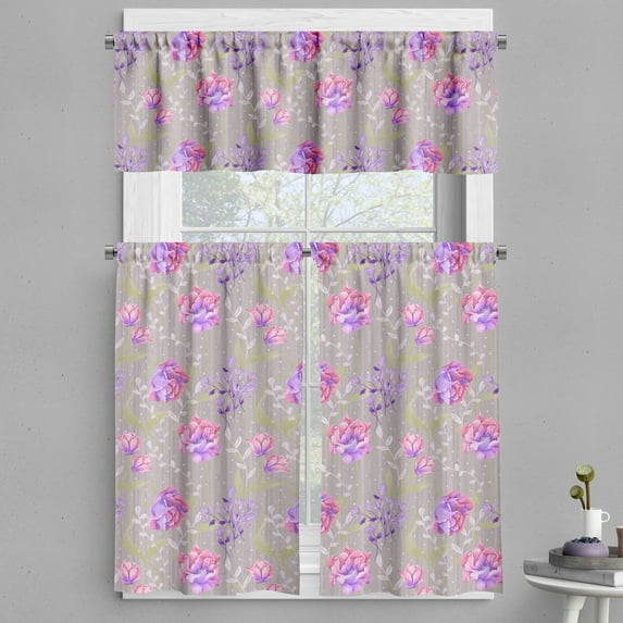 Ambesonne Floral Valance & Curtain, Repeating Art Roses Branches, 55"x30", Lilac Rose and Off White