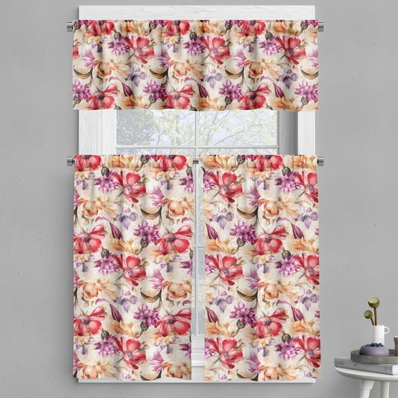 Ambesonne Floral Valance & Curtain, Retro Flowers Wild Botany, 55"x30", Peach Fuchsia and Dark Coral