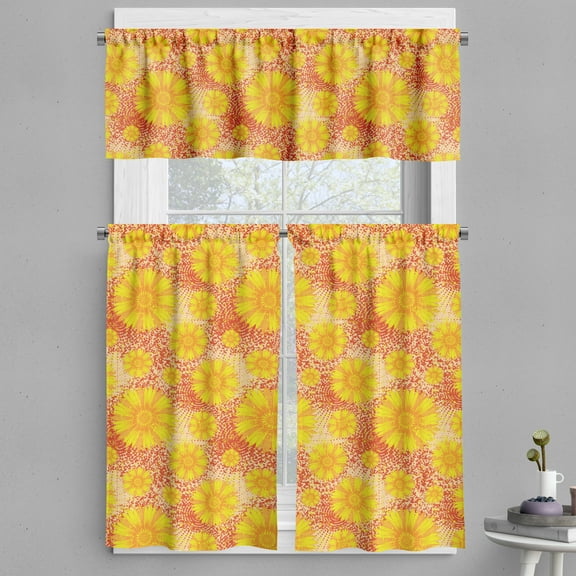 Ambesonne Floral Valance & Curtain, Retro Style Flowers Top View, 55"x30", Yellow Pale Peach