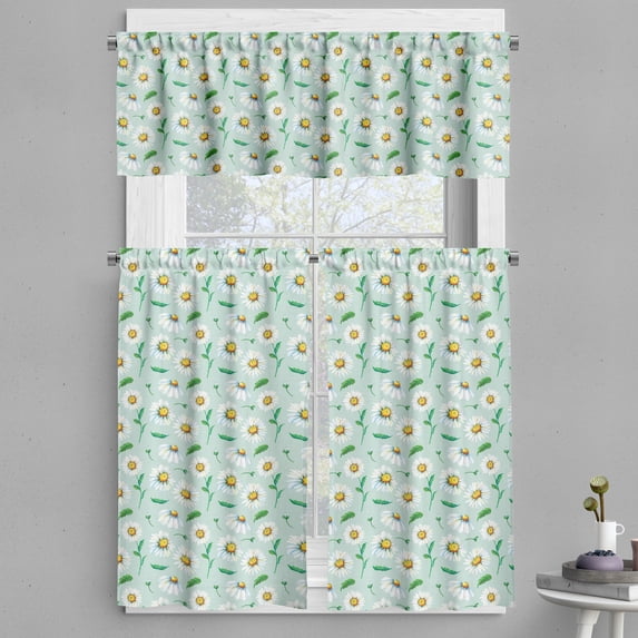 Ambesonne Floral Valance & Curtain, Retro Sunflower Illustration, 55"x24", Fern Green and Earth Yellow