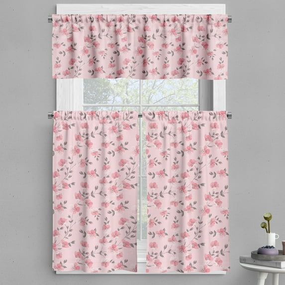 Ambesonne Floral Valance & Curtain, Romantic Linum Flower Petals, 55"x36", Pale Pink and Grey