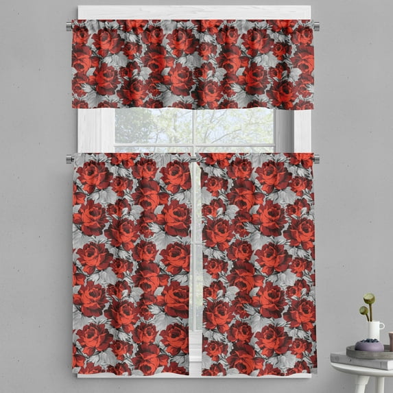 Ambesonne Floral Valance & Curtain, Roses Vintage Valentines, 55"x30", Red Grey Black