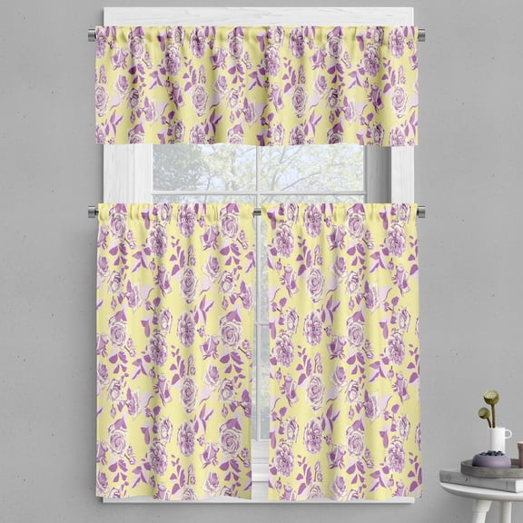 Ambesonne Floral Valance & Curtain, Rustic Rose Flowers Leaves, 55"x24", Pale Yellow Grey Pink