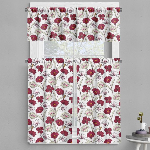 Ambesonne Floral Valance & Curtain, Sketchy Blooming Flowers Art, 55"x36", Dark Fuchsia and Marigold