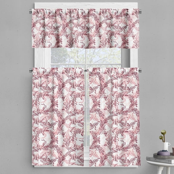 Ambesonne Floral Valance & Curtain, Sketchy Leaves Petals, 55"x30", Maroon Coral and White