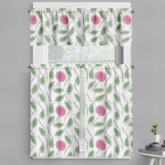 Ambesonne Floral Valance & Curtain, Spiraling Roses with Leaves, 55"x45", Reseda Green Pink White