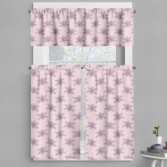 Ambesonne Floral Valance & Curtain, Spring Theme Lilies Pattern, 55"x36", Pale Mauve Rose and Grey