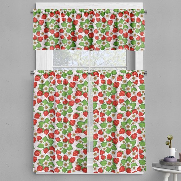 Ambesonne Floral Valance & Curtain, Strawberries Summertime, 55"x24", Vermilion Green Pink