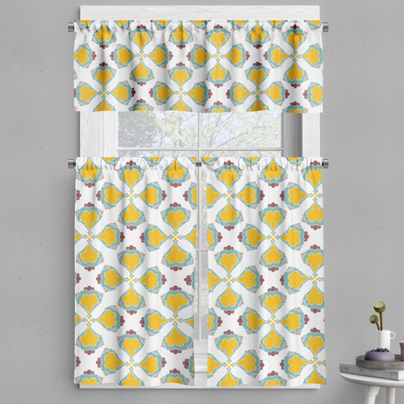 Ambesonne Floral Valance & Curtain, Symmetric Colorful Motifs, 55"x24", Earth Yellow and Redwood