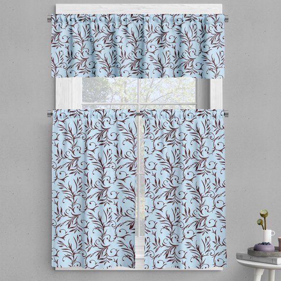 Ambesonne Floral Valance & Curtain, Tattoo Like Flower Motifs, 55"x24", Soft Blue Dark Maroon