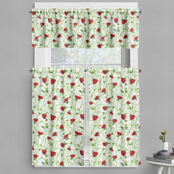 Ambesonne Floral Valance & Curtain, Twiggy Poppy Flowers, 55"x30", Vermilion and Green