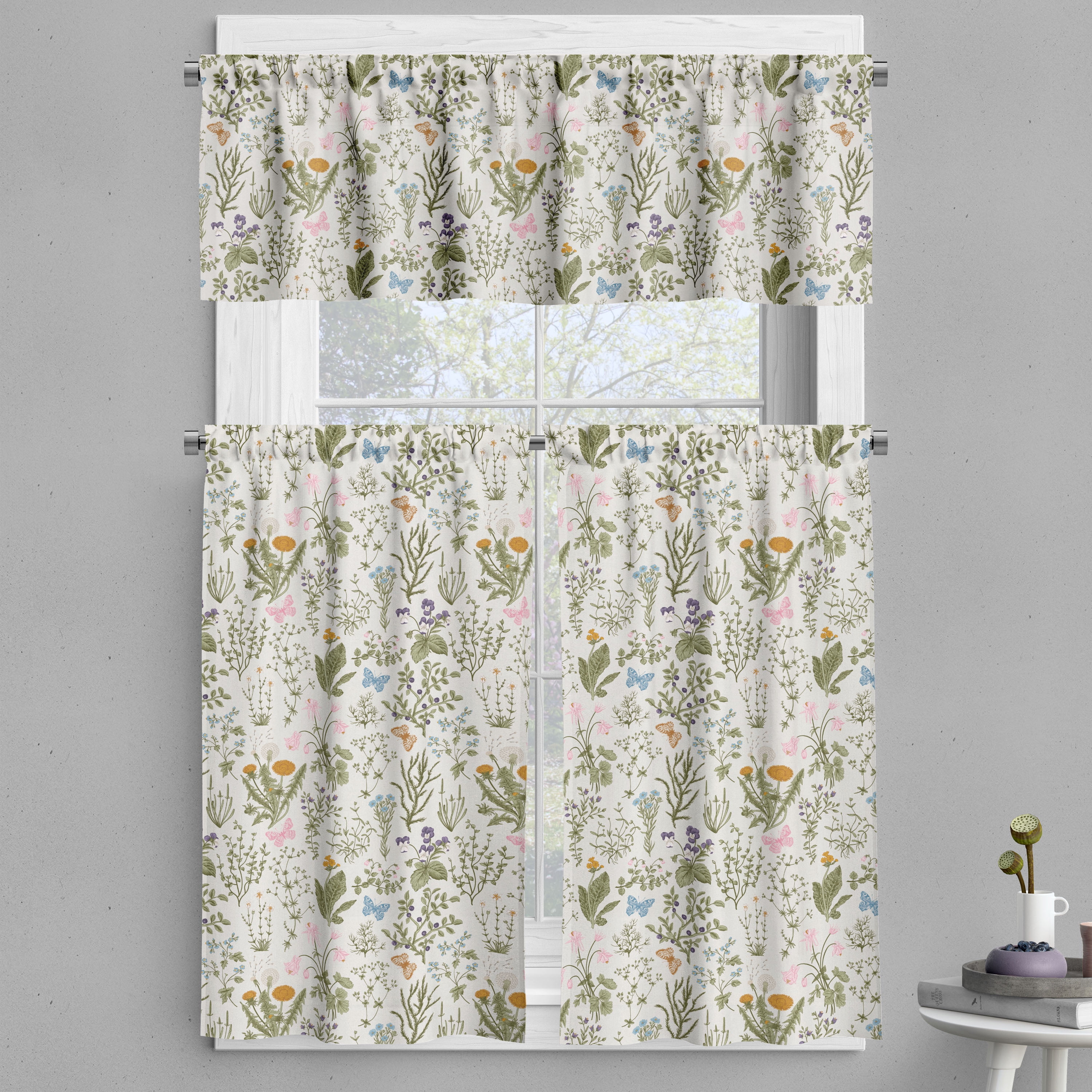 Floral Botanical Print Light Filtering Polyester Kitchen Curtain Set