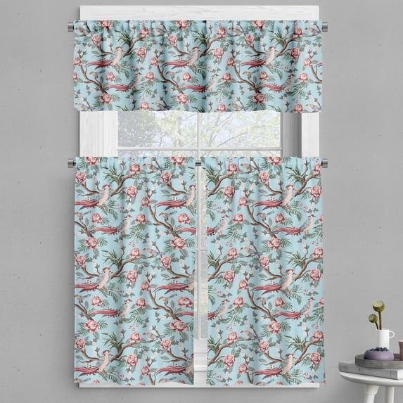 Ambesonne Floral Valance & Curtain, Vintage Style Bird Print, 55"x36", Soft Blue and Dried Rose
