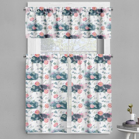 Ambesonne Floral Valance & Curtain, Wild Peonies Leaves Modern, 55"x24", Petrol Blue Pink Peach