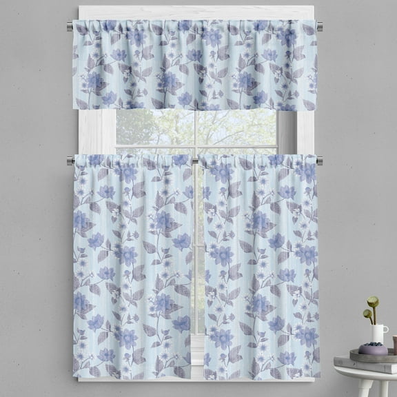 Ambesonne Floral Valance & Curtain, Winter Art Flower Sketchy, 55"x45", Pale Blue and Dark Indigo