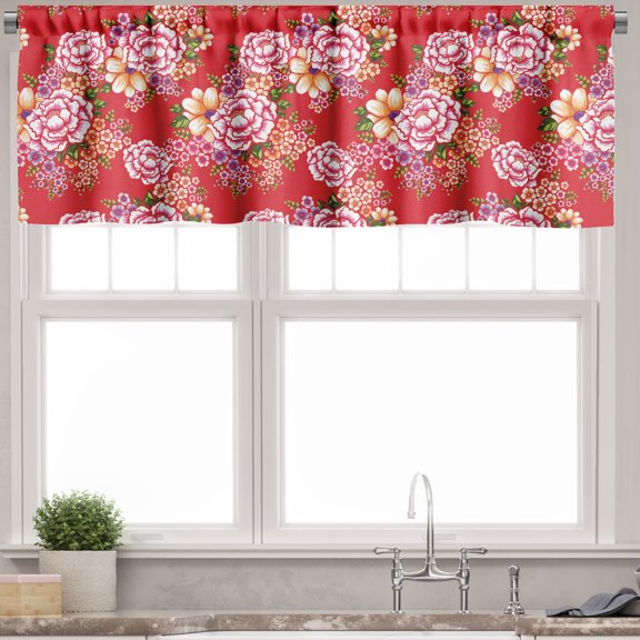 Ambesonne Floral Valance Pack of 2, Blooming Peony Bouquets Art, 54"X18", Scarlet and Multicolor