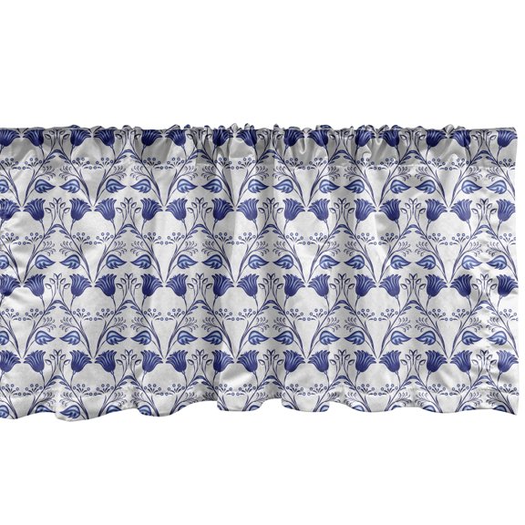 Ambesonne Floral Valance Pack of 2, Bluish Gzhel Flowers Art, 54"X18", Dark Lavender and Pale Grey