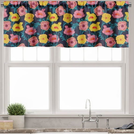 Ambesonne Floral Valance Pack of 2, Continuous Meadow Flowers, 54"X18", Dark Blue Multicolor