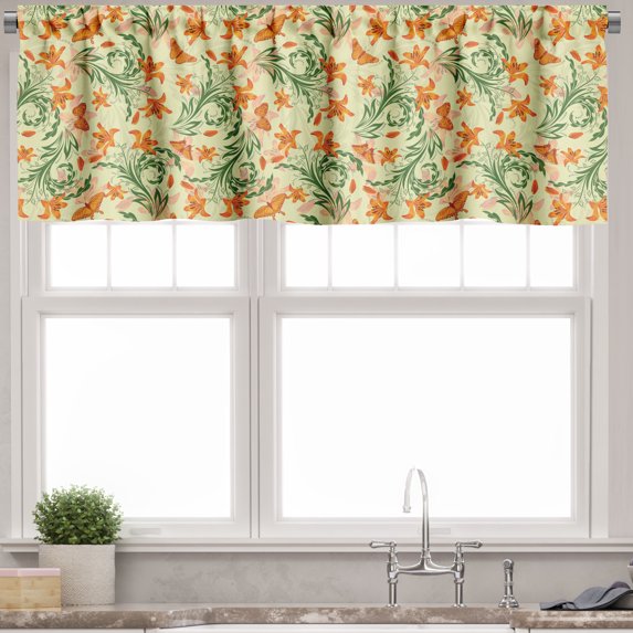 Ambesonne Floral Valance Pack of 2, Curved Flowers Butterflies, 54"X12", Cream Orange and Olive Green