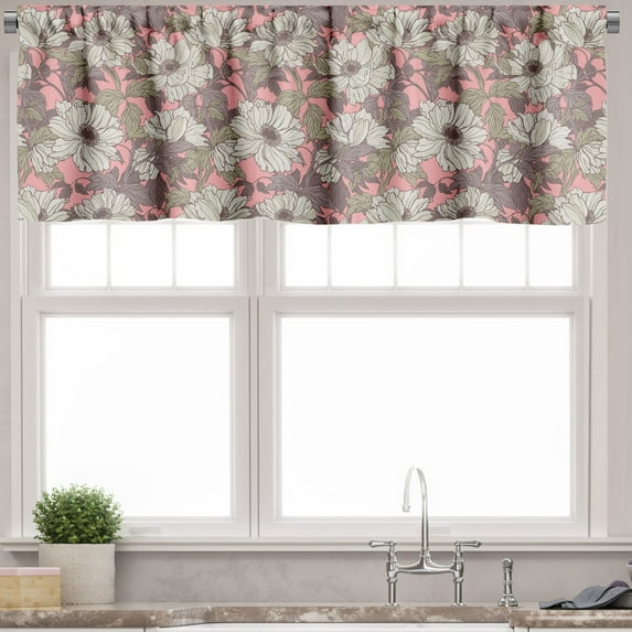Ambesonne Floral Valance Pack of 2, High Detailed Flowers Leaves, 54"X12", Pastel Pink Grey Yellow