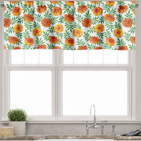 Ambesonne Floral Valance Pack of 2, Marigold Flowers with Leaves, 54"X12", Vermillion and Green