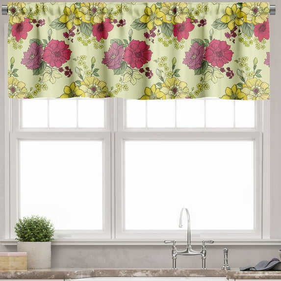 Ambesonne Floral Valance Pack of 2, Naive Nature Flowers Art, 54"X18", Pastel Green Multicolor