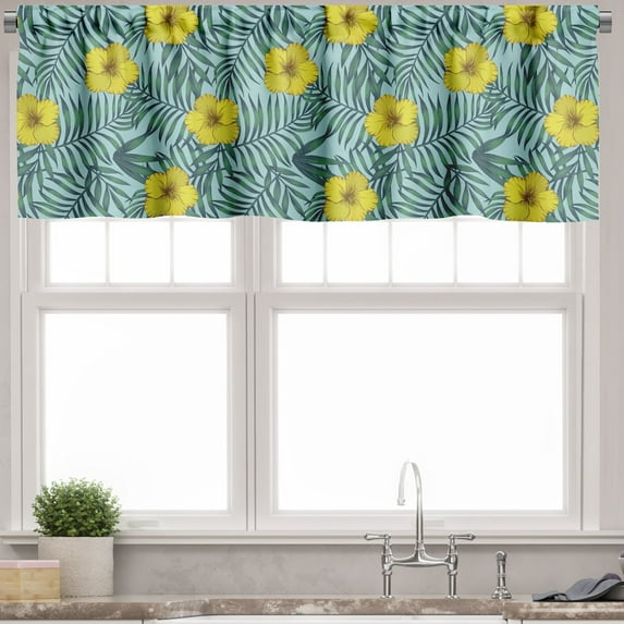 Ambesonne Floral Valance Pack of 2, Ornamental Hibiscus Flowers, 54"X12", Pale Blue Yellow and Green