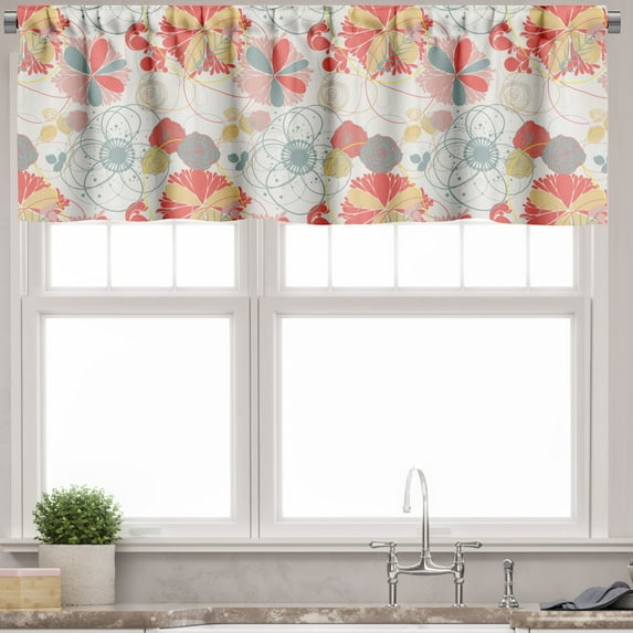 Ambesonne Floral Valance Pack of 2, Retro Warm Colored Fall, 54"X18", Coral Yellow Grey