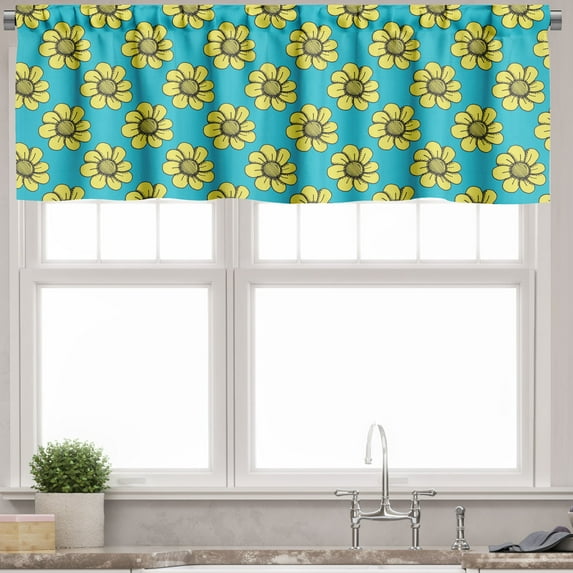 Ambesonne Floral Valance Pack of 2, Retro Yellow Daisy Flowers, 42"X18", Sky Blue Yellow Dark Grey