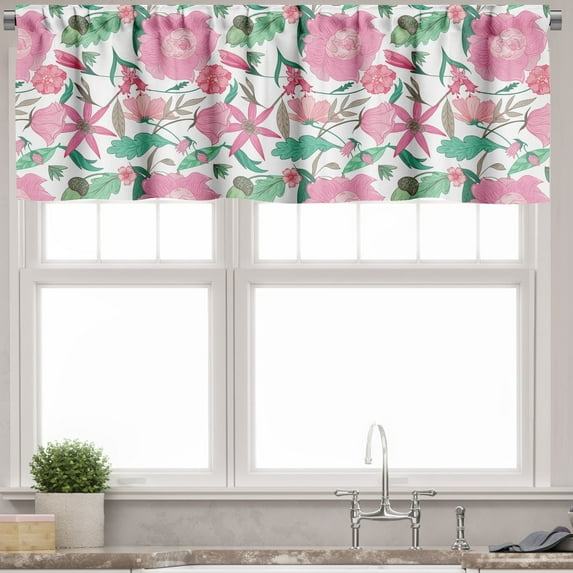 Ambesonne Floral Valance Pack of 2, Romantic Bloom Peony Rose, 42"X18", Pink and Jade Green