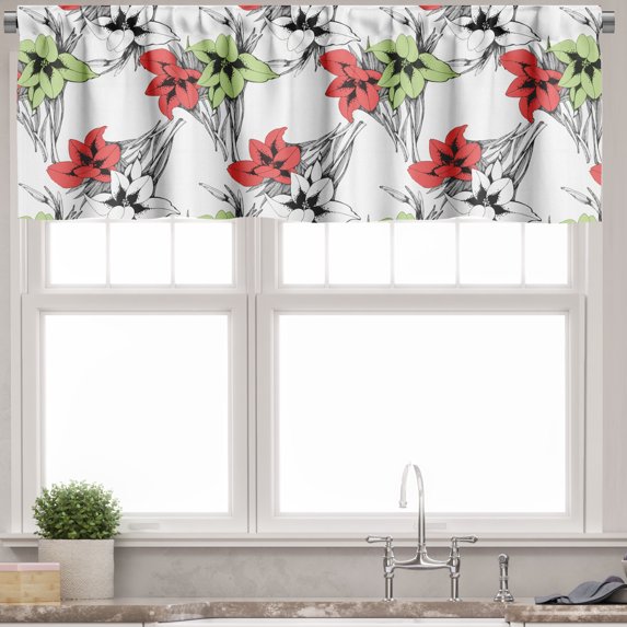 Ambesonne Floral Valance Pack of 2, Sketchy Blooming Exotic Art, 54"X12", Dark Coral Multicolor
