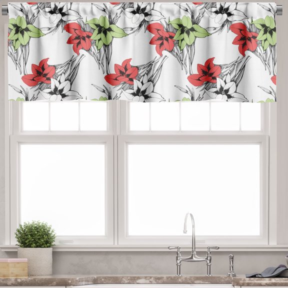 Ambesonne Floral Valance Pack of 2, Sketchy Blooming Exotic Art, 54"X12", Dark Coral Multicolor