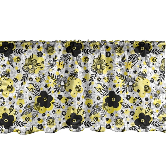 Ambesonne Floral Valance Pack of 2, Striped Flowers Autumn Art, 42"X12", Pastel Yellow Grey and White