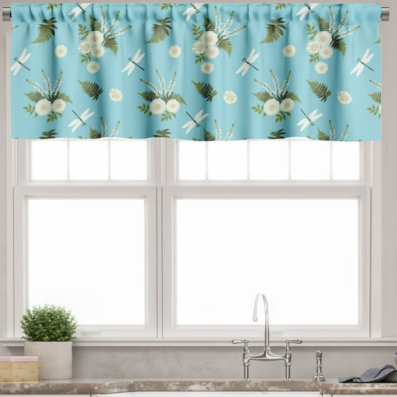 Ambesonne Floral Valance Pack of 2, Vintage Daisies Dragonflies, 54"X18", White Green and Blue
