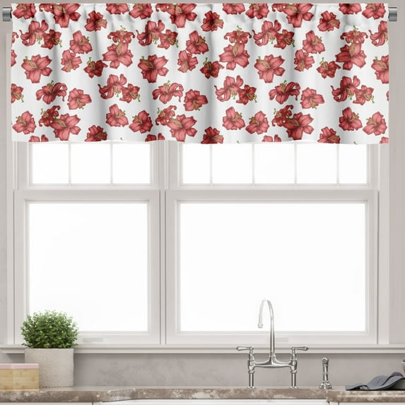 Ambesonne Floral Valance Pack of 2, Vintage Style Lily Flowers, 54"X12", Olive Green Vermilion