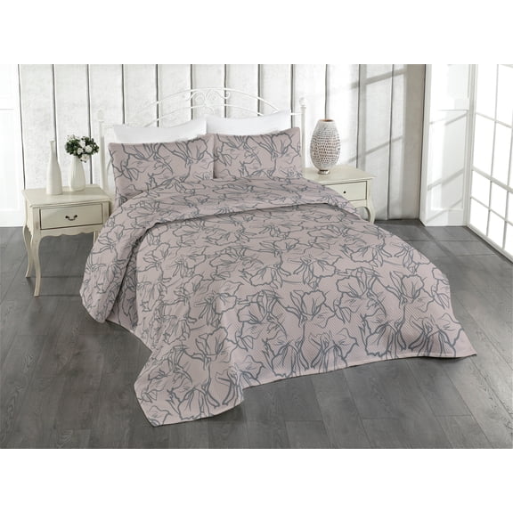 Ambesonne Floral Vibes Quilted Bedspread Set 3 Pcs, Simple Line Art Blooms, Twin, Pale Mustard Purpleblue