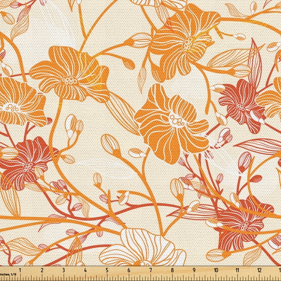 Ambesonne Floral Vintage Fabric by the Yard Upholstery, Anemone Flowery Art, 3 Yards, Ginger Paprika Beige