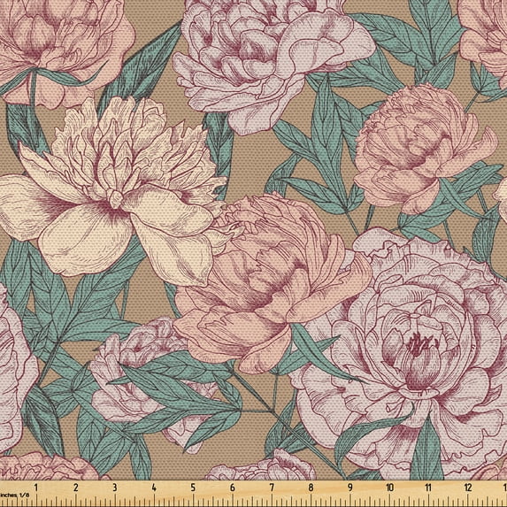 Ambesonne Floral Vintage Fabric by the Yard Upholstery, Autumn Flowers Retro, 5 Yards, Blush Laurel Green Tan