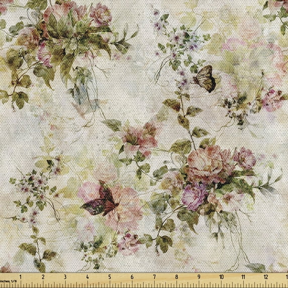Ambesonne Floral Vintage Fabric by the Yard Upholstery, Nostalgic Love Bloom, 5 Yards, Beige Multicolor