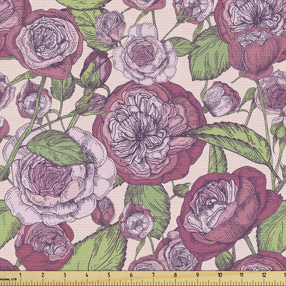Ambesonne Floral Vintage Fabric by the Yard Upholstery, Romantic Peony Bloom, 2 Yards, Dried Rose Blush and Green