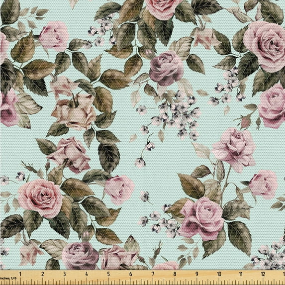 Ambesonne Floral Vintage Fabric by the Yard Upholstery, Romantic Vibes Roses, 5 Yards, Pale Pink Reseda Green
