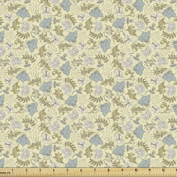 Ambesonne Floral Vintage Fabric by the Yard Upholstery, Garden Items, 2 Yards, Pale Yellow Slate Blue